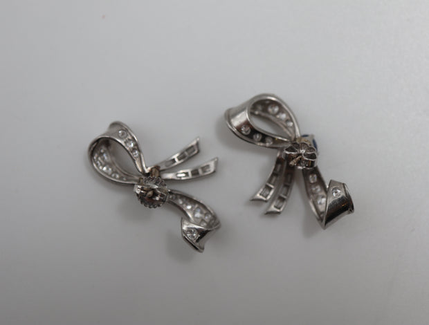 Platinum Sapphires & Diamond "Bow" Earrings Post W/Friction Backs