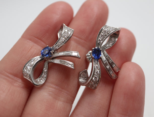Platinum Sapphires & Diamond "Bow" Earrings Post W/Friction Backs