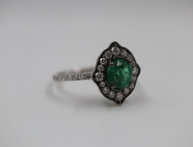 Emerald & Diamond Halo Vintage Style Solitaire Ring 18K