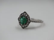 Emerald & Diamond Halo Vintage Style Solitaire Ring 18K