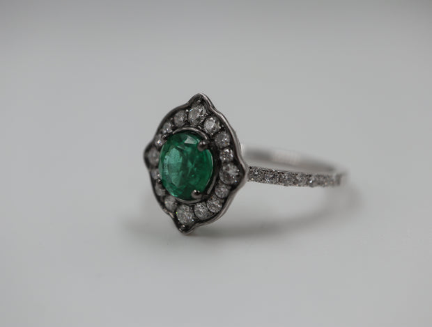 Emerald & Diamond Halo Vintage Style Solitaire Ring 18K