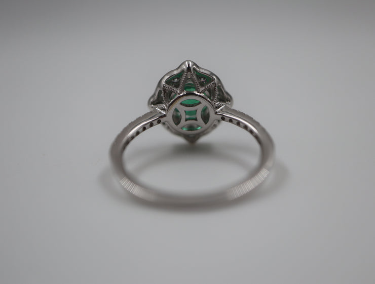 Emerald & Diamond Halo Vintage Style Solitaire Ring 18K