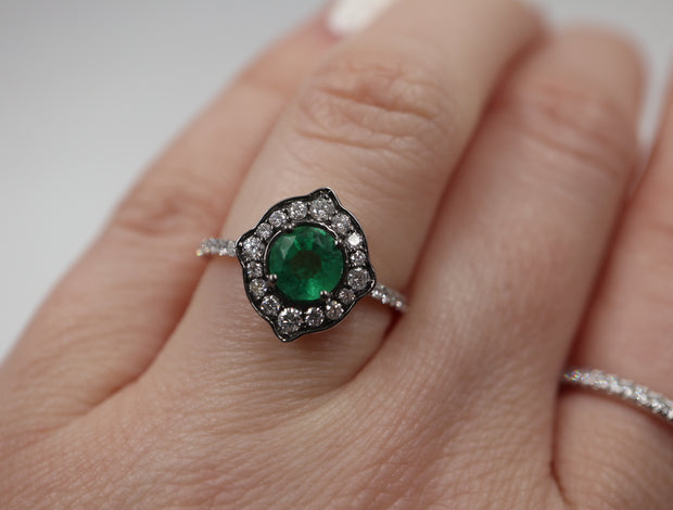 Emerald & Diamond Halo Vintage Style Solitaire Ring 18K