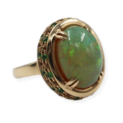Opal, Tsavorite & Diamond Pave Halo Ring 14K