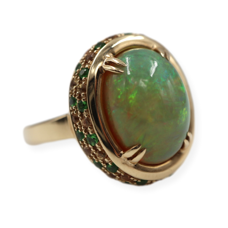 Opal, Tsavorite & Diamond Pave Halo Ring 14K