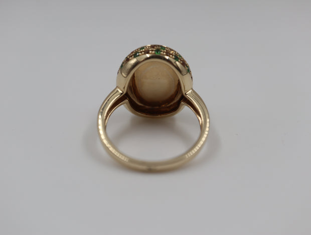 Opal, Tsavorite & Diamond Pave Halo Ring 14K