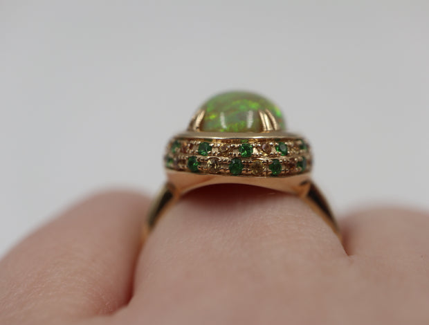 3.72 Opal & Tsavorite & Diamond Pave Halo Ring 14KY