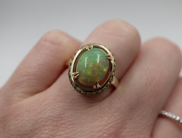 Opal, Tsavorite & Diamond Pave Halo Ring 14K