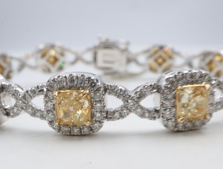 14K 8.08FY 2.98CTW Fancy Yellow Cushion Halo Diamond Tennis Bracelet