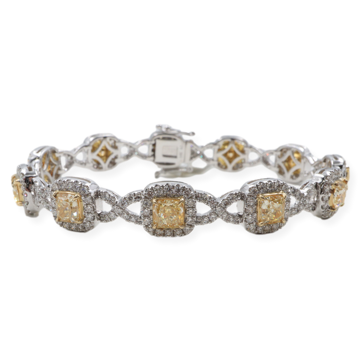 14K 8.08FY 2.98CTW Fancy Yellow Cushion Halo Diamond Tennis Bracelet