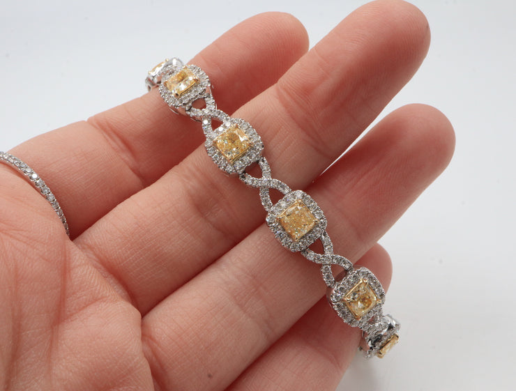 14K 8.08FY 2.98CTW Fancy Yellow Cushion Halo Diamond Tennis Bracelet