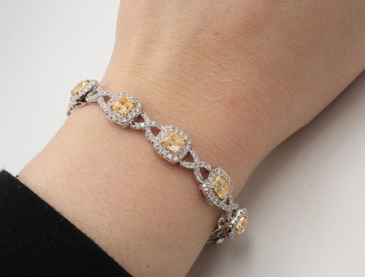 14K 8.08FY 2.98CTW Fancy Yellow Cushion Halo Diamond Tennis Bracelet