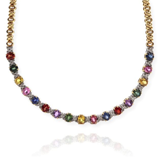 18K 8.28CTW Multi Sapphire Rounds W/Dias Accents On "XO" Style Chain