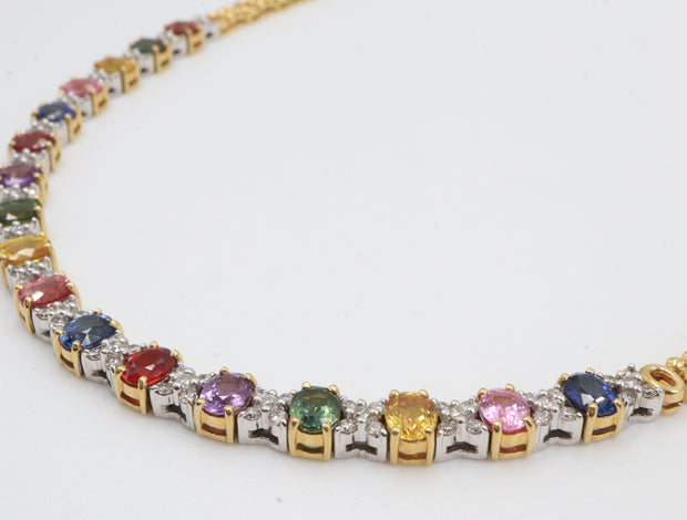 18K 8.28CTW Multi Sapphire Rounds W/Dias Accents On "XO" Style Chain