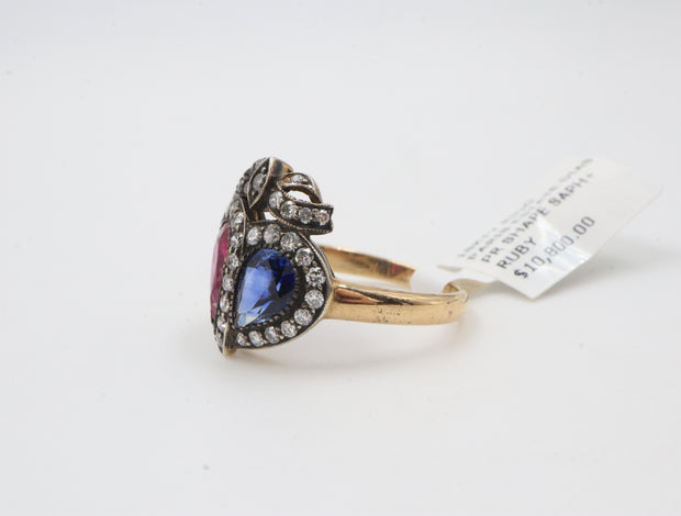 18KTT Ruby & Sapphire Pear Shape Estate Ring w/Diamonds