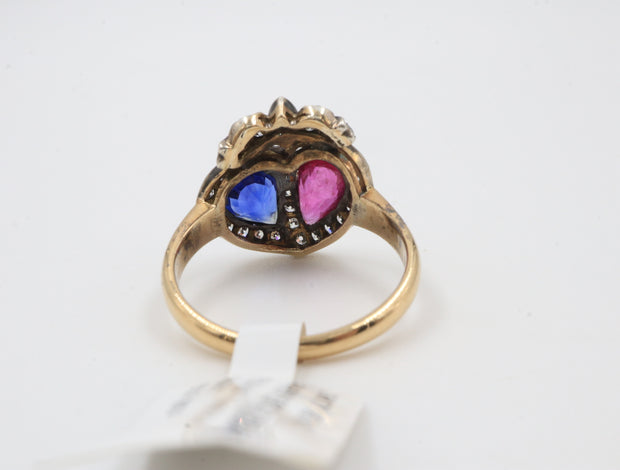 18KTT Ruby & Sapphire Pear Shape Estate Ring w/Diamonds