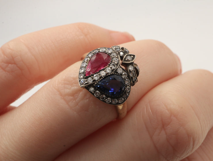 18KTT Ruby & Sapphire Pear Shape Estate Ring w/Diamonds
