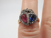 18KTT Ruby & Sapphire Pear Shape Estate Ring w/Diamonds