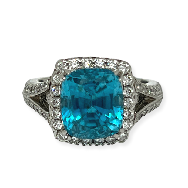 Handmade Diamond Platinum Blue Zircon Ring