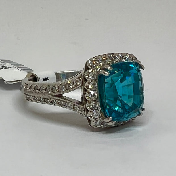 8.28CT Blue Zircon Handmade Diamond Platinum Ring