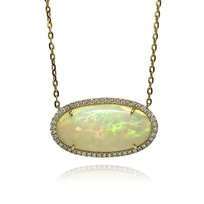 Ethiopian Opal Oval Shape Diamond Necklace 17.72/.69 14KY