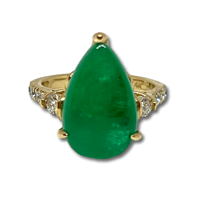 Pear Cabochon Emerald & Diamond Ring 7.66Ct 14KY Cert