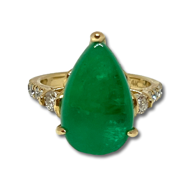 Pear Cabochon Emerald & Diamond Ring 7.66Ct 14KY Cert