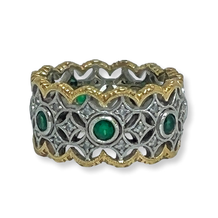 Emerald & Diamond Wide Ring 18K White and Yellow Gold 11mm .84ETW .35DTW