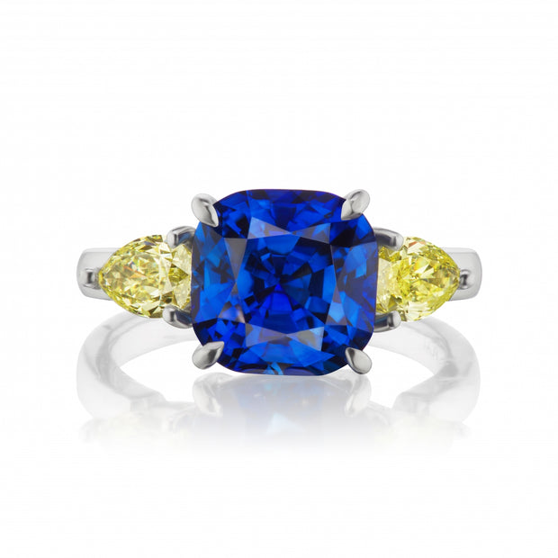 6.13 Carat Blue Sapphire and Yellow Diamond Ring