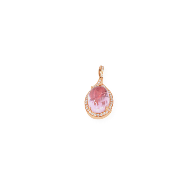 9.24CT 14KR Kunzite & Diamond Pendant Cabochon Pink with Halo