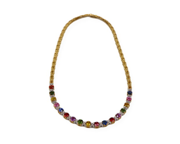 Natural Rainbow Sapphire Oval Cut And Diamond 18k Yellow Gold Necklace
