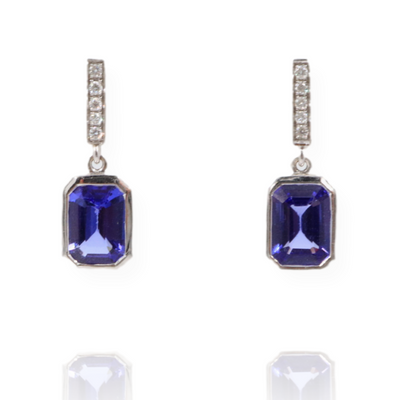 18KW Tanzanite .63 / .08 Diamond and Tanzanite Dangle Bezel Earrings