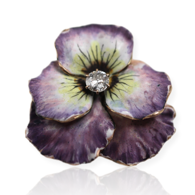 14KY Floral Enamel Pin With Old European Cut Diamond Center H-I, SI 0.25Cts - Bella