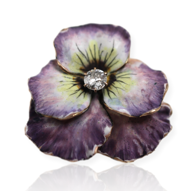 14KY Floral Enamel Pin With Old European Cut Diamond Center H-I, SI 0.25Cts - Bella