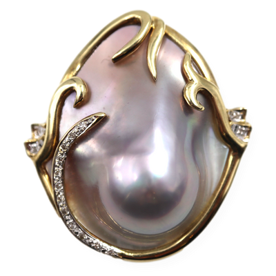 14KY Blister Mabe Pearl Brooch/Pendant .10Ctw 34X27mm