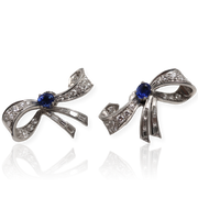 Platinum Sapphires & Diamond "Bow" Earrings Post W/Friction Backs