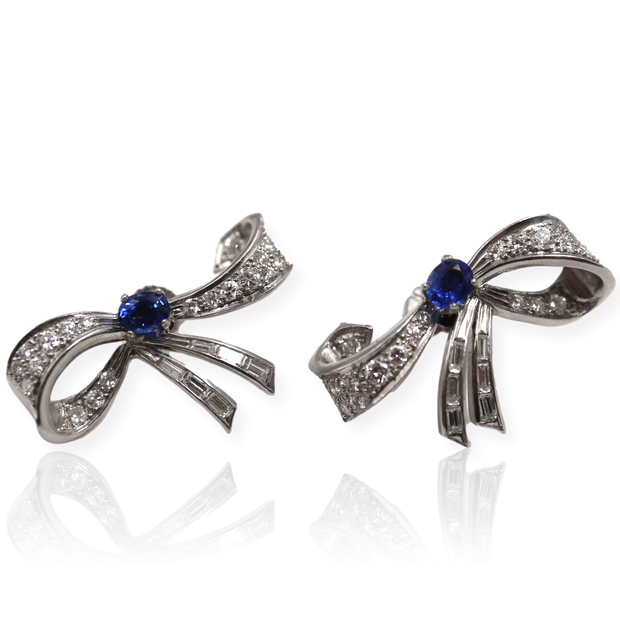 Platinum Sapphires & Diamond "Bow" Earrings Post W/Friction Backs