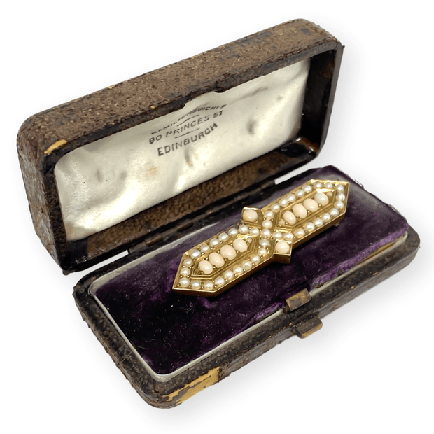 Mark Areias Jewelers Jewellery & Watches Angel Skin Coral and Seed Pearl Victorian Brooch Pin 18K Yellow Gold