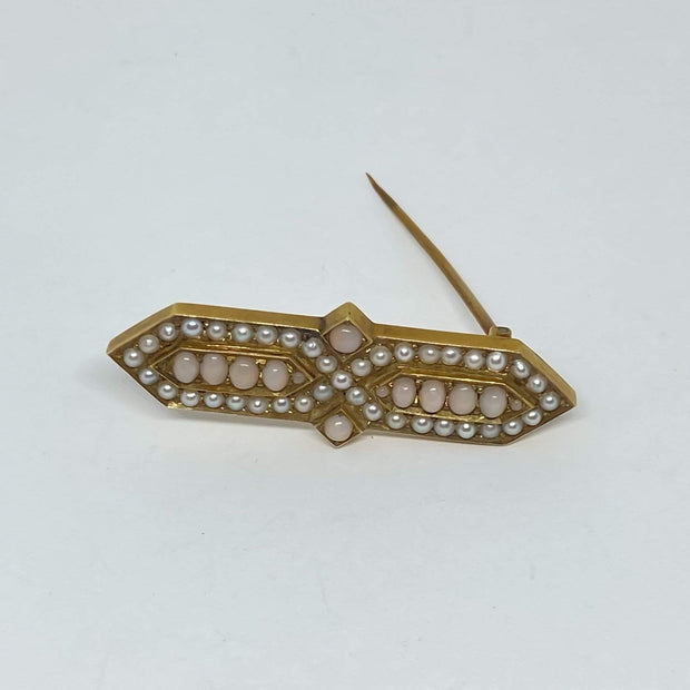 Mark Areias Jewelers Jewellery & Watches Angel Skin Coral and Seed Pearl Victorian Brooch Pin 18K Yellow Gold