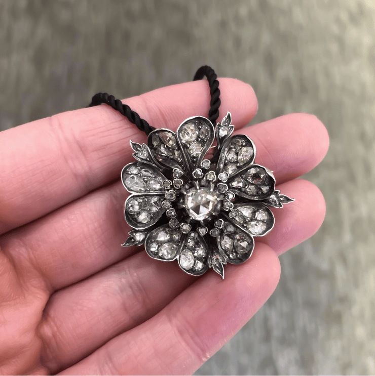 Mark Areias Jewelers Jewellery & Watches Antique Diamond Flower Pendant Brooch 6.95 Carats Silver & 18KY