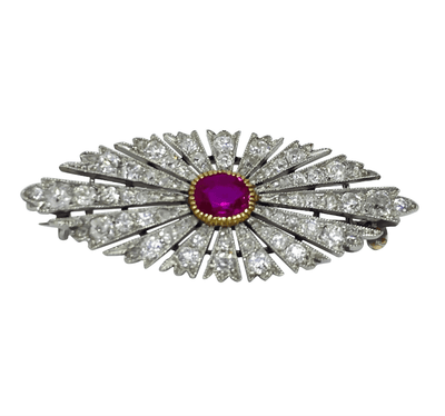 Mark Areias Jewelers Jewellery & Watches Antique Russian Burma Ruby and Diamond Brooch Pin Platinum, circa 1890