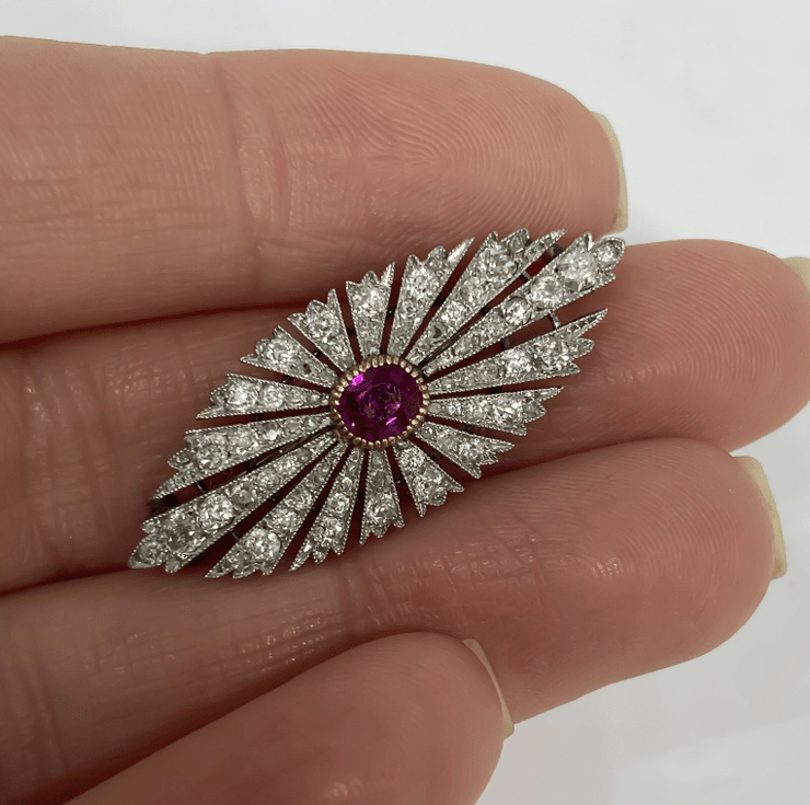 Mark Areias Jewelers Jewellery & Watches Antique Russian Burma Ruby and Diamond Brooch Pin Platinum, circa 1890