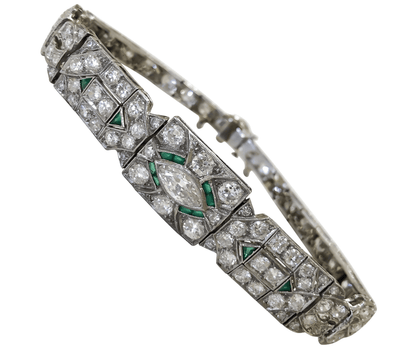 Mark Areias Jewelers Jewellery & Watches Art Deco 1920s 5 Carat Diamond and Emerald Platinum Bracelet