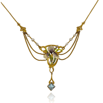 Mark Areias Jewelers Jewellery & Watches Art Nouveau Enamel Orchid Flower, Pearl, Aquamarine Necklace Circa 1900 18KY