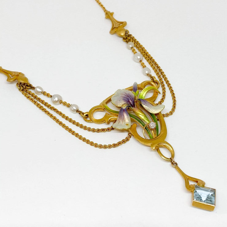 Mark Areias Jewelers Jewellery & Watches Art Nouveau Enamel Orchid Flower, Pearl, Aquamarine Necklace Circa 1900 18KY