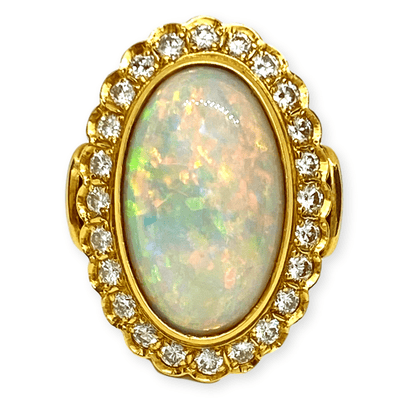 Mark Areias Jewelers Jewellery & Watches Australian Oval Cabochon Opal & Diamond 18K Yellow Gold Hand Fabricated Ring