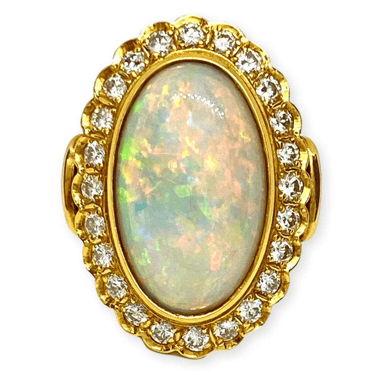 Mark Areias Jewelers Jewellery & Watches Australian Oval Cabochon Opal & Diamond 18K Yellow Gold Hand Fabricated Ring