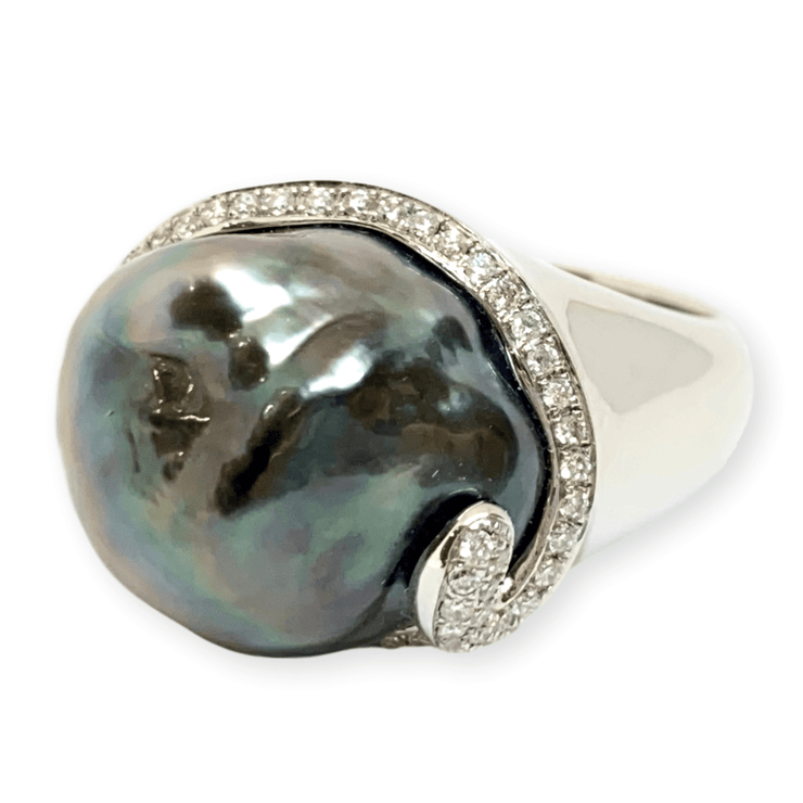 Mark Areias Jewelers Jewellery & Watches Black Grey Baroque Tahitian Pearl & Diamond 14K White Gold Ring 15mm .30ctw