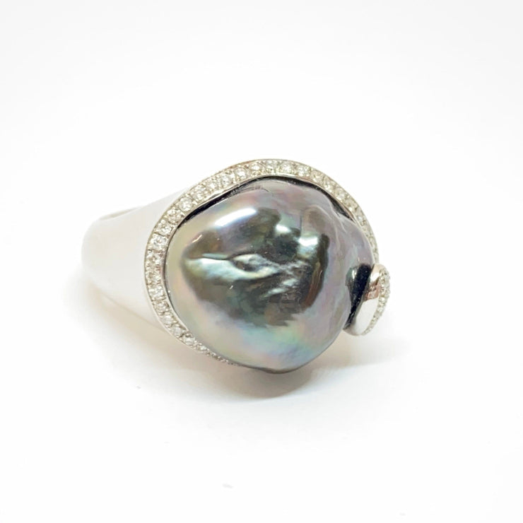 Mark Areias Jewelers Jewellery & Watches Black Grey Baroque Tahitian Pearl & Diamond 14K White Gold Ring 15mm .30ctw