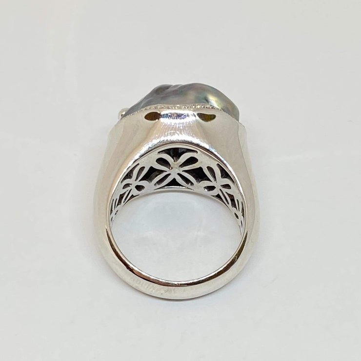 Mark Areias Jewelers Jewellery & Watches Black Grey Baroque Tahitian Pearl & Diamond 14K White Gold Ring 15mm .30ctw